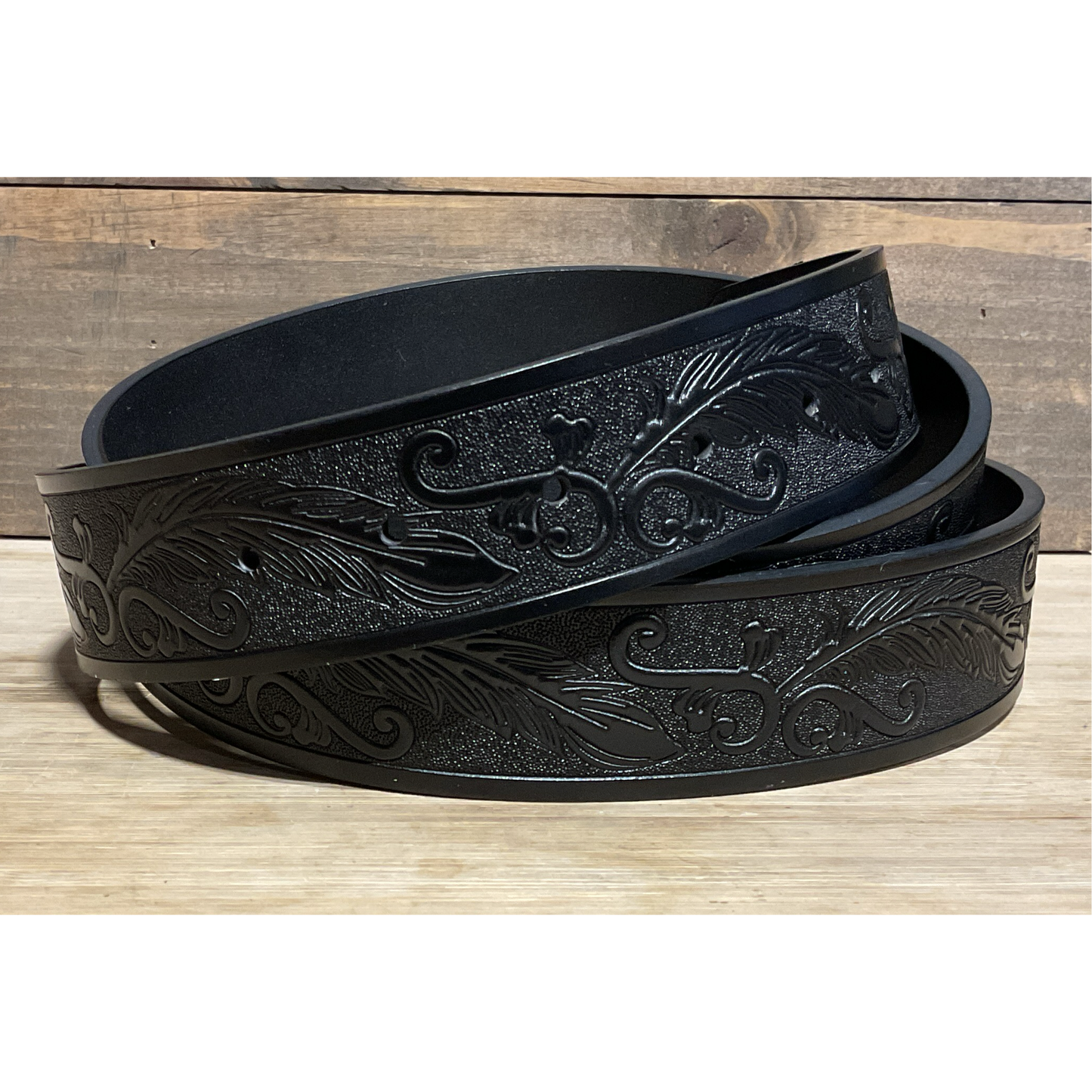 Men’s Belt, Black Leather with Etched Feather Design