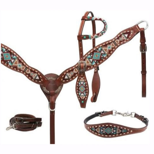 Showman - Medium Oil Leather With Turquoise & Brown Beaded Inlay One Ear Headstall Breast Collar Barrel Rein & Wither Strap 4pc Set 13846