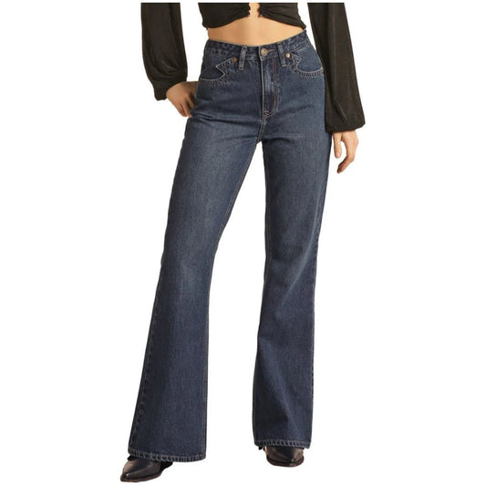 ROCK & ROLL WOMEN'S YOKE DETAIL HIGH RISE FLARE JEANS - MEDIUM WASH