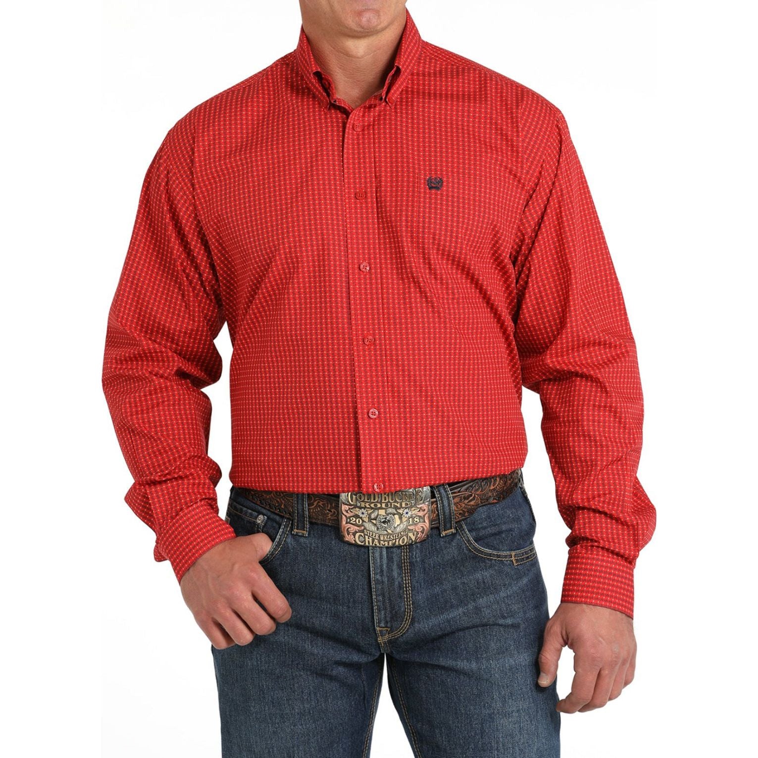 MEN'S MATCH BOY'S MONEY PRINT BUTTON-DOWN WESTERN SHIRT - RED