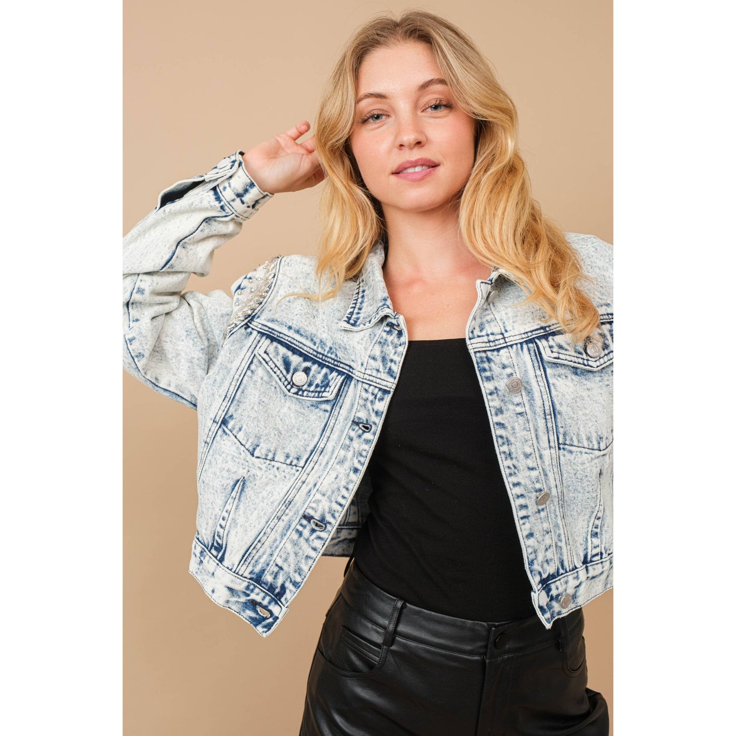 80037J - Acid Washed Shoulder Beading Denim Jacket