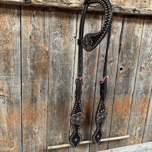 Copper Dot Honeycomb Flower and Turquoise One Ear Headstall