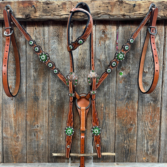 Rodeo Drive - Light Oil Floral Fern, Clear Browband/One Ear Breastcollar Tack Set #BBBC677