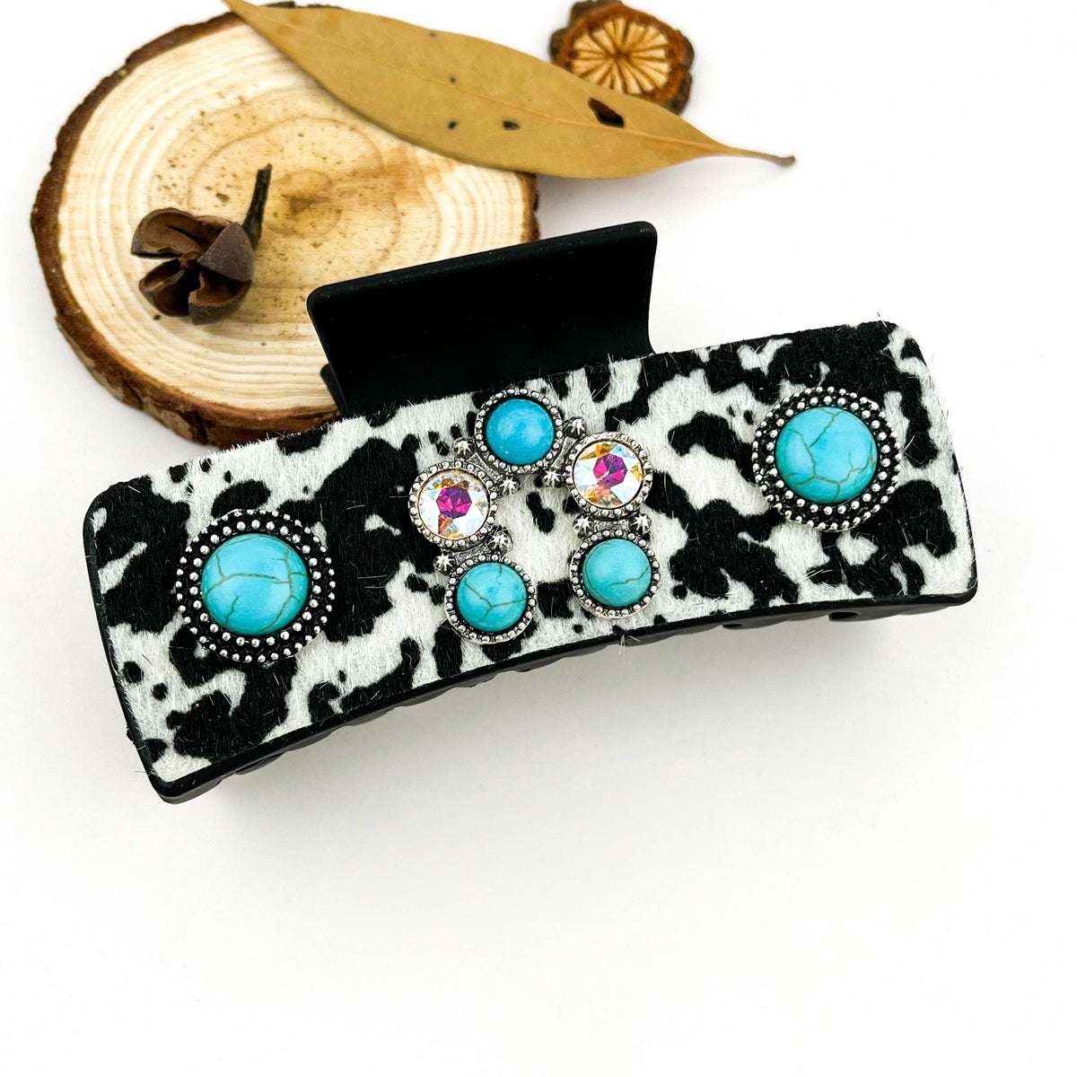 Western Cowboy Turquoise Cow Print Rhinestone Hair Claw Clip
