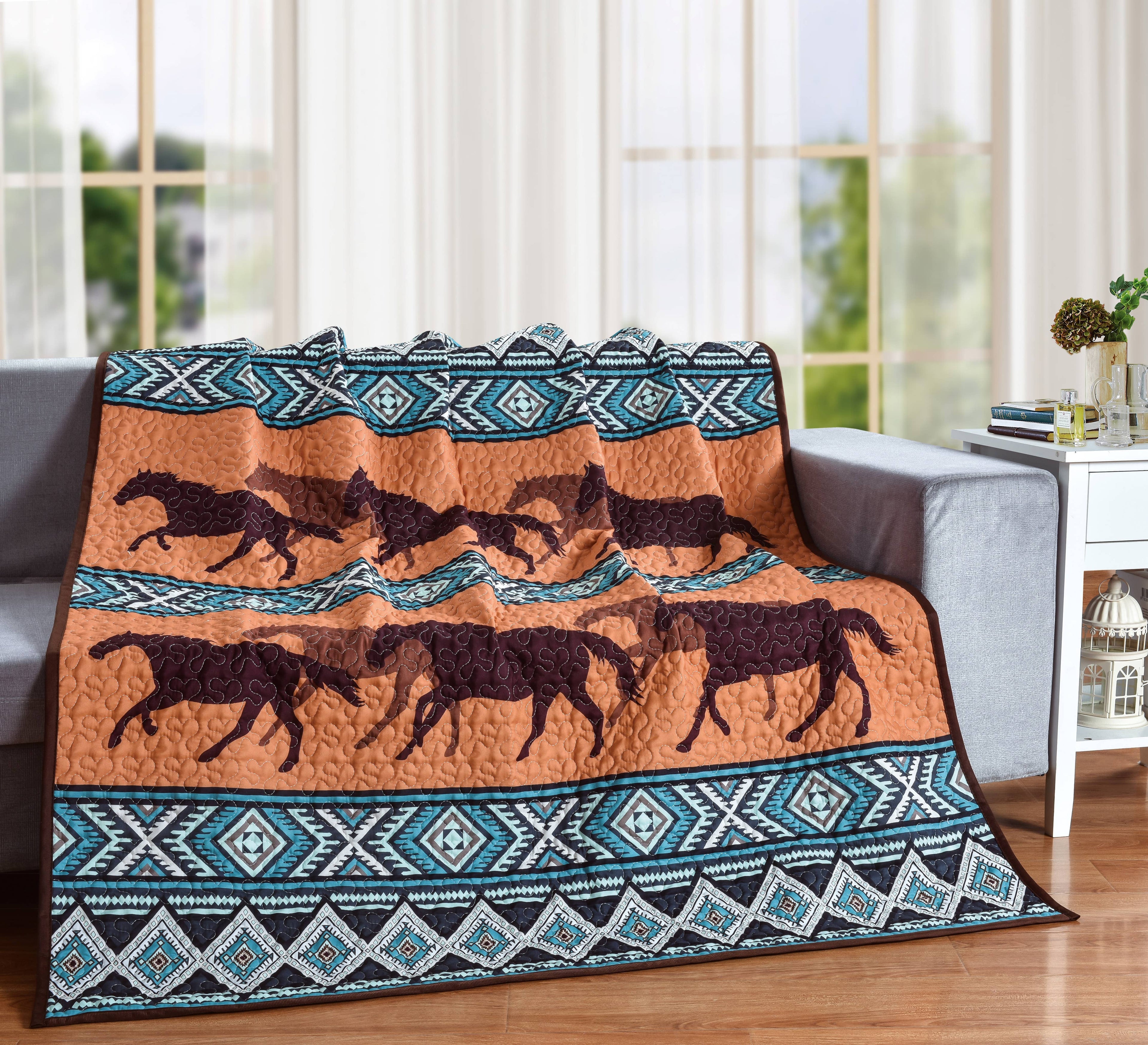 Dusk Gallops Boho Horse Decorative Throw Quilt Blanket