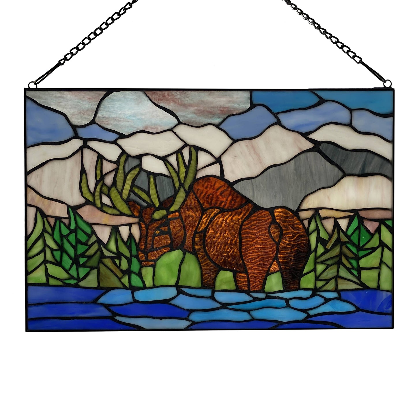 12"H Moose in Mountain Scape Stained Glass Window Panel