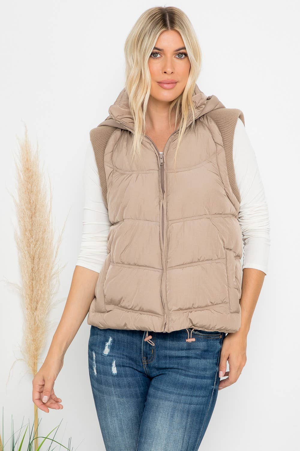 Sweater Rib Detail Nylon Hooded Puffer Vest