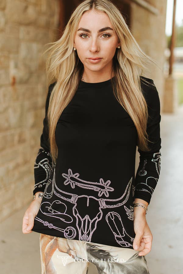 Black Western Rhinestone Pressed Detail Long Sleeve Shirt