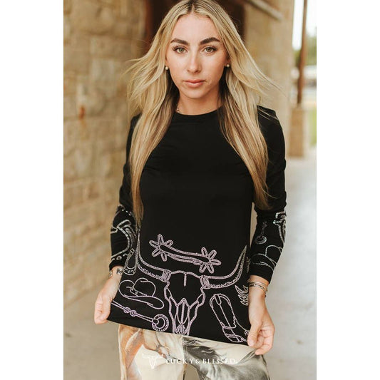 Black Western Rhinestone Pressed Detail Long Sleeve Shirt