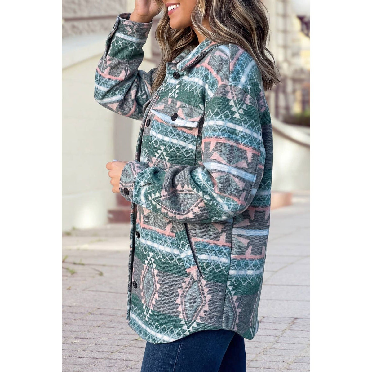 Geometric Print Button Front Long Sleeve Shacket