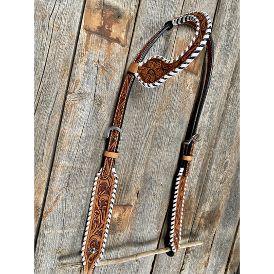 Light Oil Floral Tooled with White Whipstitch One Ear Headstall / Bridle