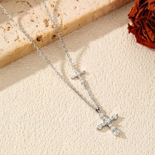 Dual Pavé Moissanite Cross Necklace in 925 Sterling Silver