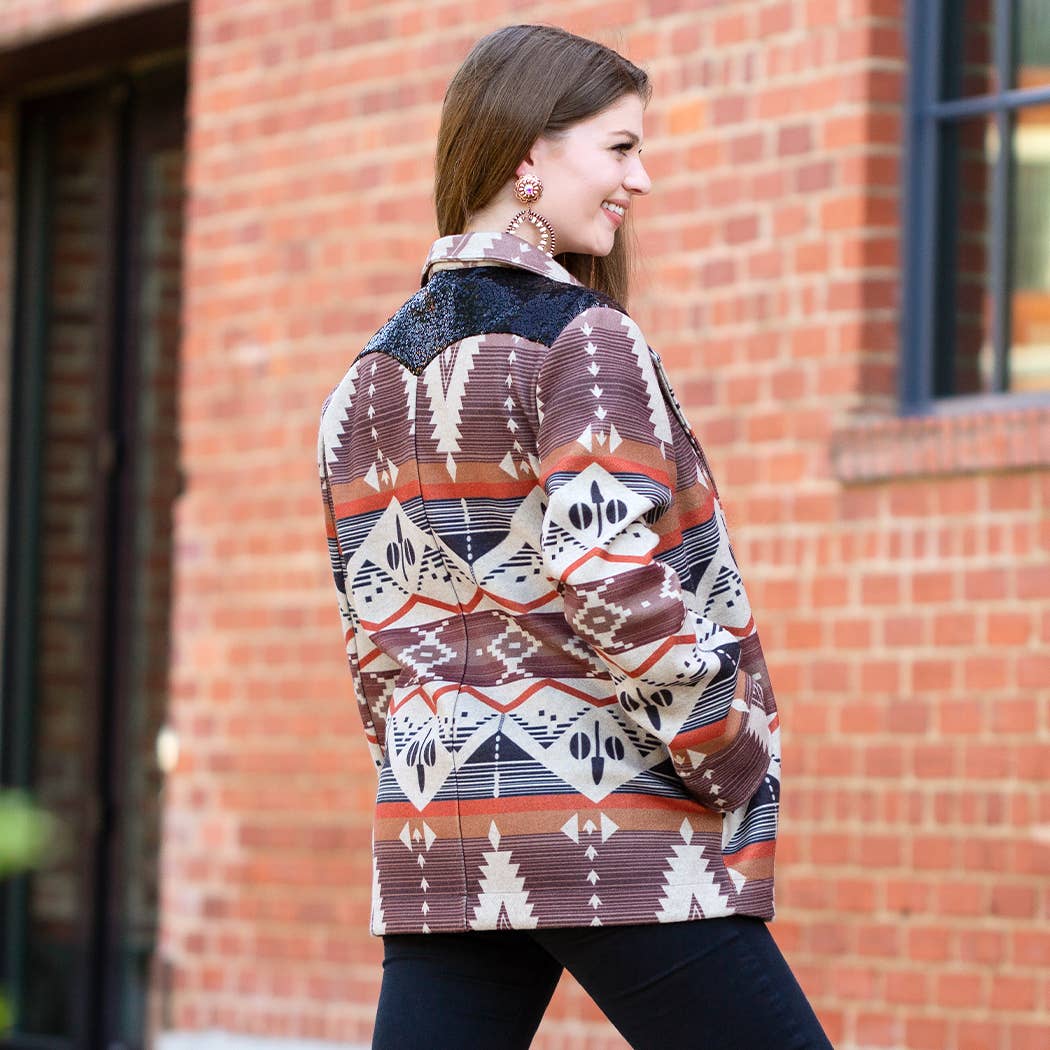 Western Print Blazer with Sequin and Pockets