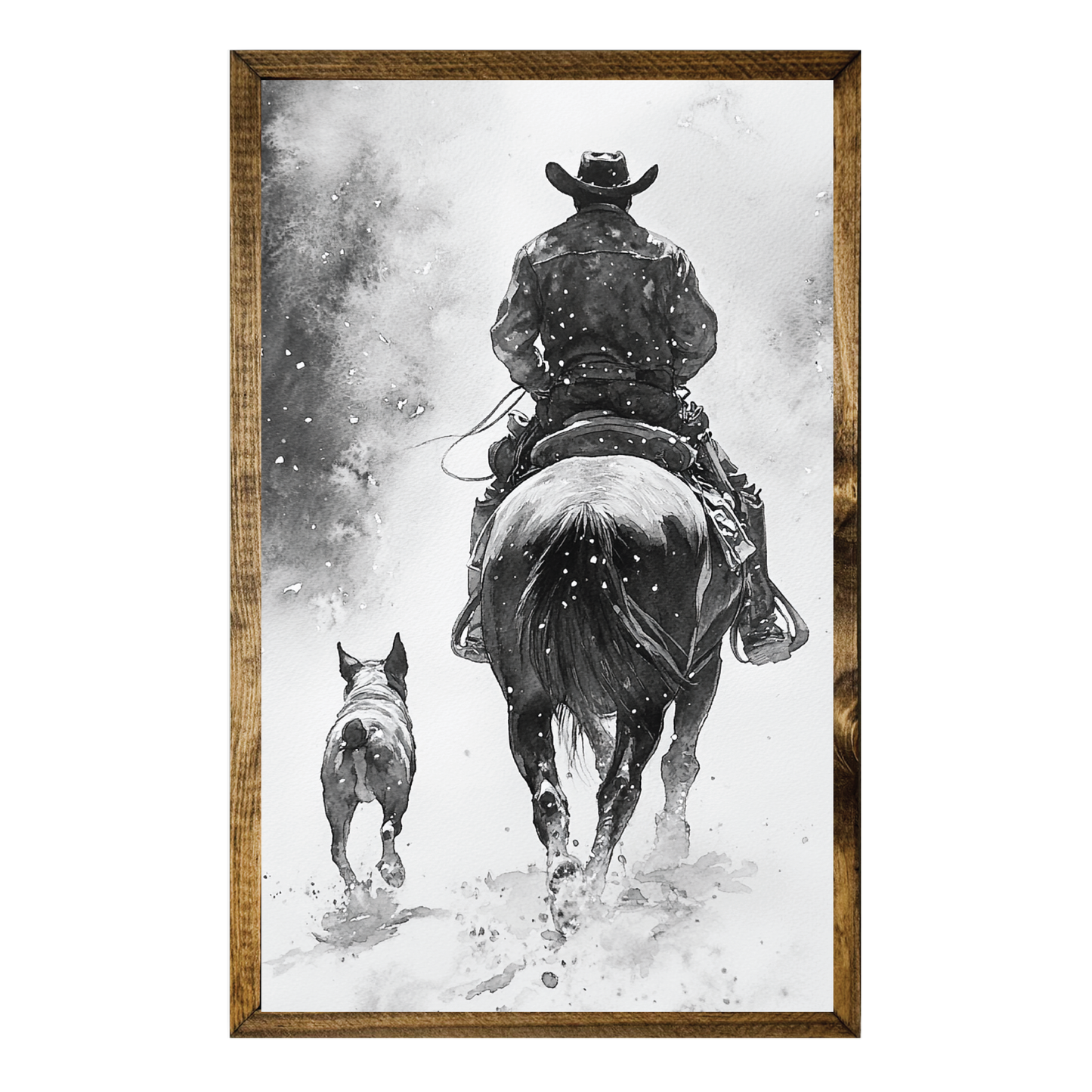 TIMBERLAND FRAME COWBOY AND DOG IN SNOW