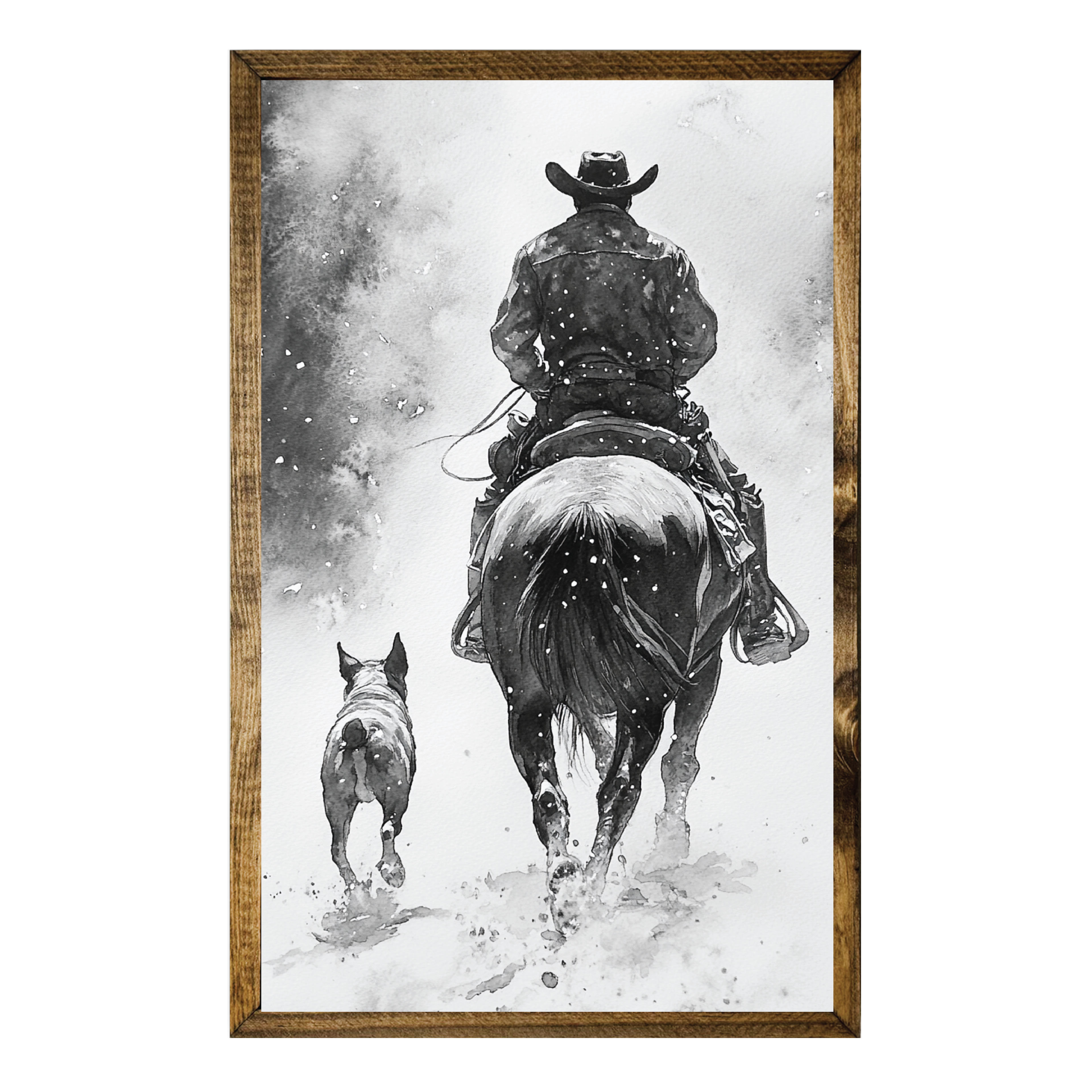 TIMBERLAND FRAME COWBOY AND DOG IN SNOW