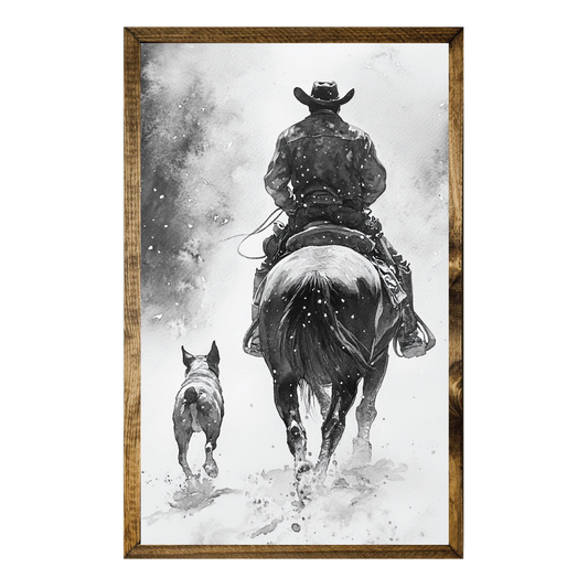 TIMBERLAND FRAME COWBOY AND DOG IN SNOW