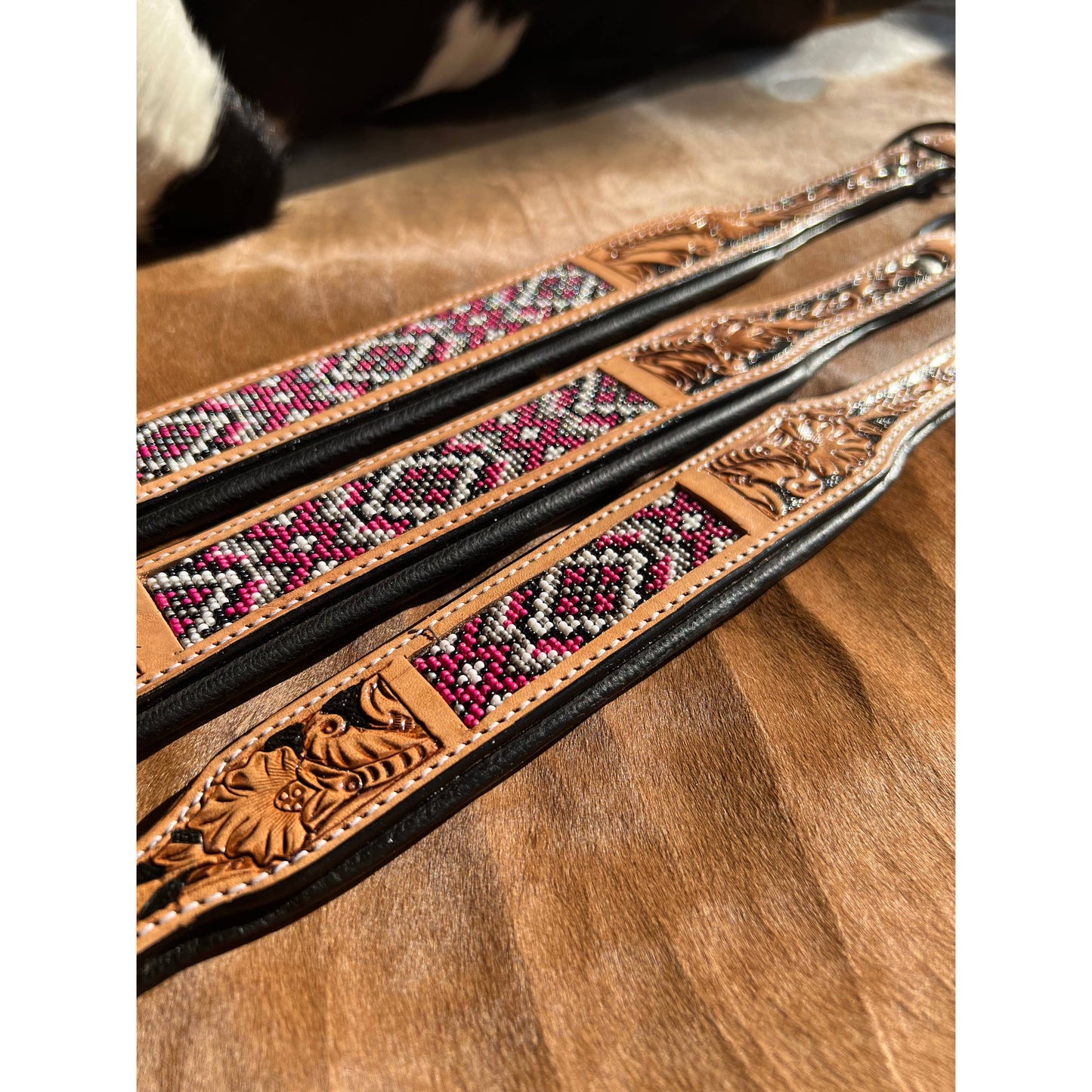 Western Equestrian Tooled Pink Leather Beaded Dog Collar
