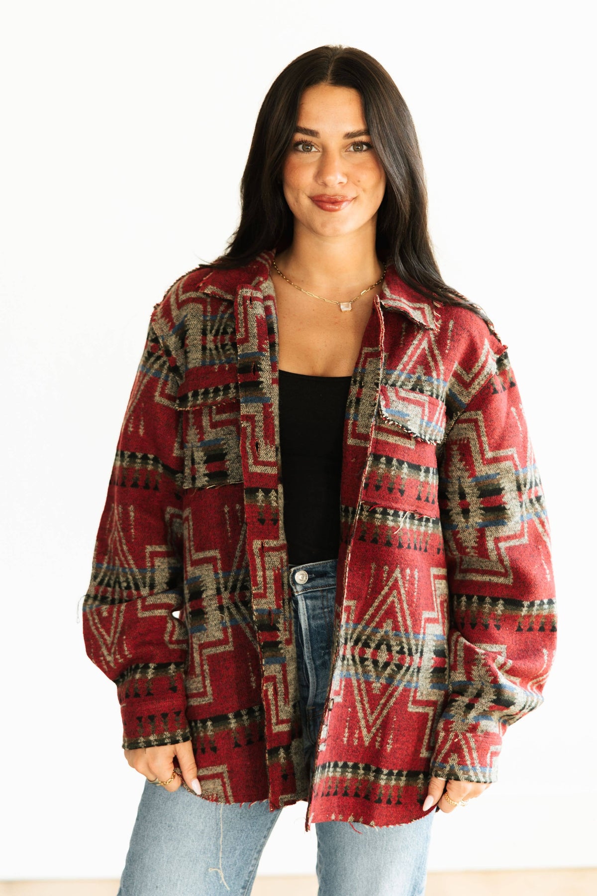 Women’s Aztec Pattern Button-Up Shacket – Red/Multicolor TH1210