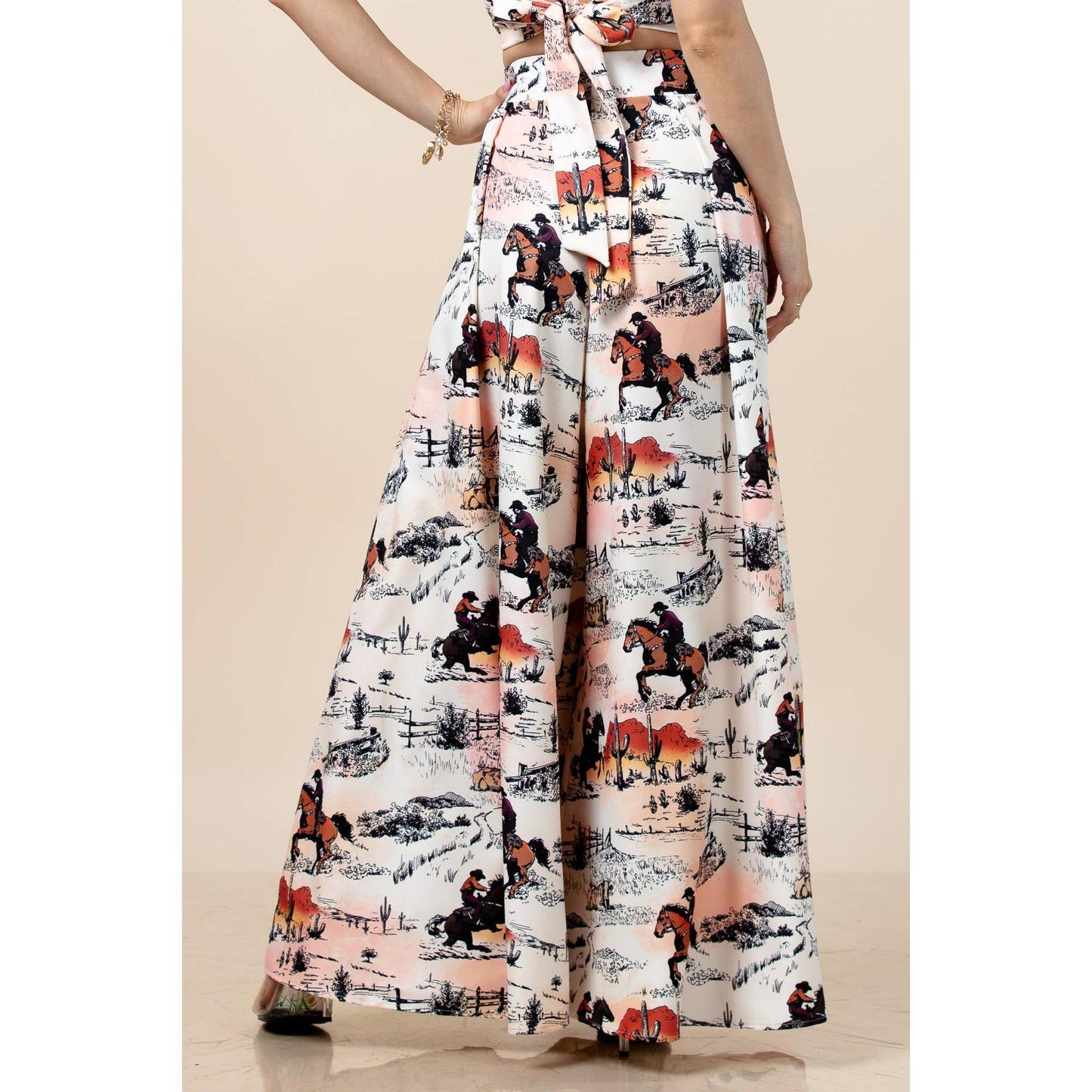 Nylon Apparel - P919-6275-Hilda Vintage Western Horse Print Wide Leg Pants