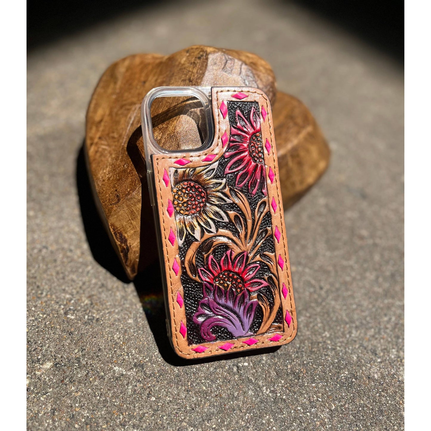 Pink Floral Tooled Leather Phone Case