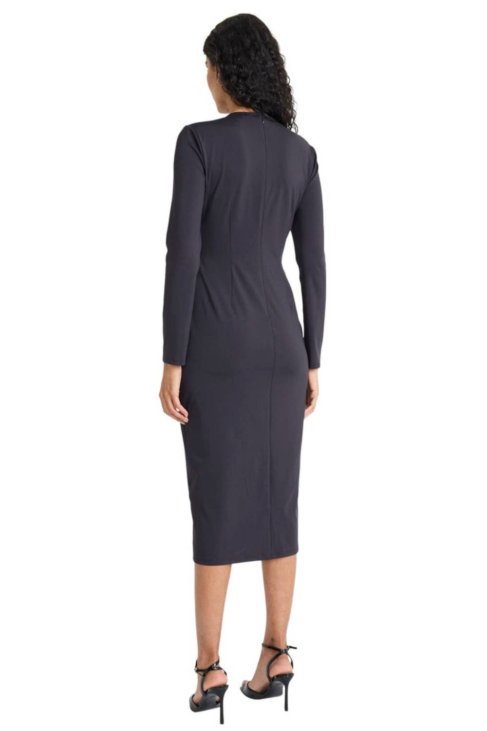 Maggy London Black O-Ring Gathered Long-Sleeve Midi Dress