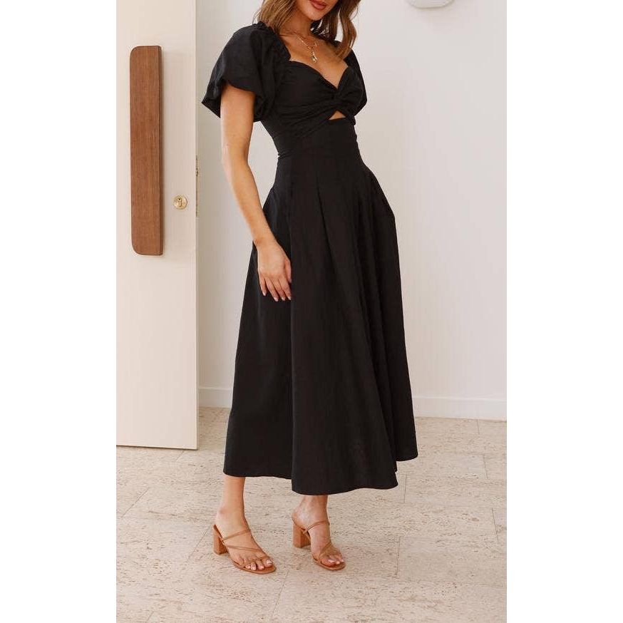 Twist-Front Puff Sleeve Maxi Dress