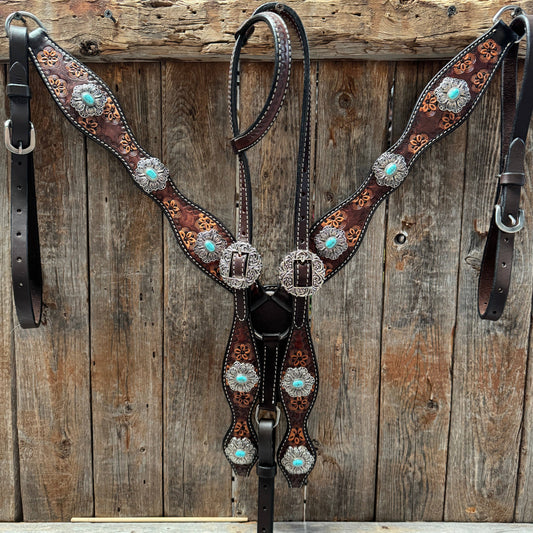 Flower Power Antique Silver and Turquoise One Ear Headstall & Breastcollar Tack Set #OEBC429