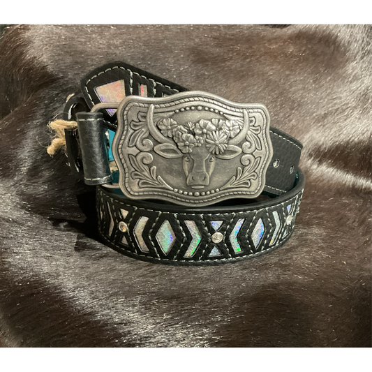 Catchfly Studio- Kids Belt - Black w/ Iridecsent Silver Inlay & Rhinestone 2177BE8