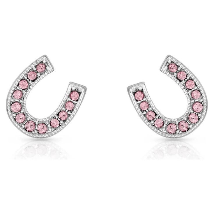 Silver Horseshoe Pink Rhinestone Earrings