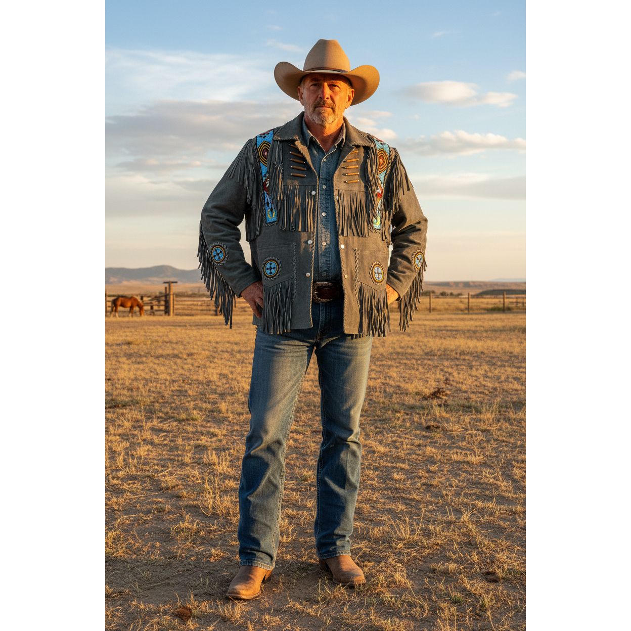 Ranchmans Leather Suede Jacket, Fringe, Navajo beaded design, Grey