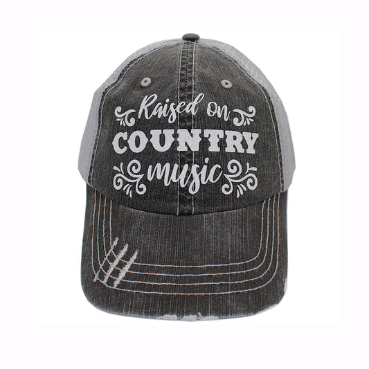 BHW - Distressed Black & Grey With Glitter “Raised On Country Music” Velcro Back Ladies Ball Cap