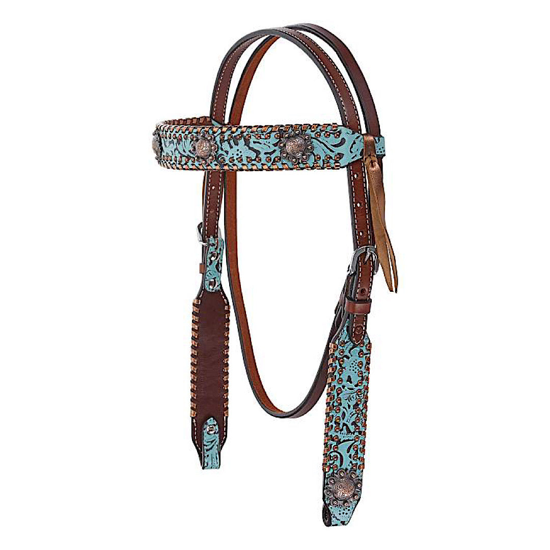 Circle Y - Exotic Turquoise & Gold Metallic Whipstitch Leather Headstall X0134-1004