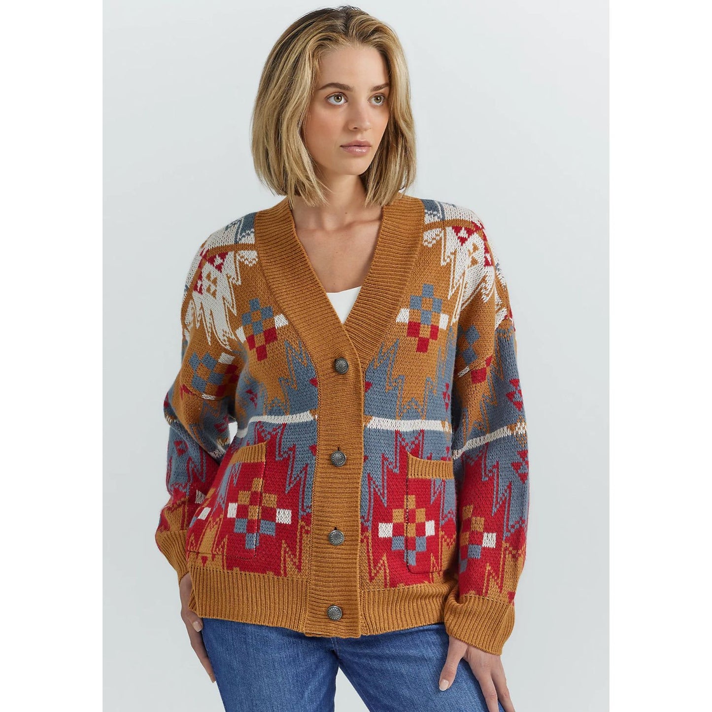 WRANGLER WOMEN'S WESTERN PATTERN CARDIGAN SWEATER IN CARAMEL