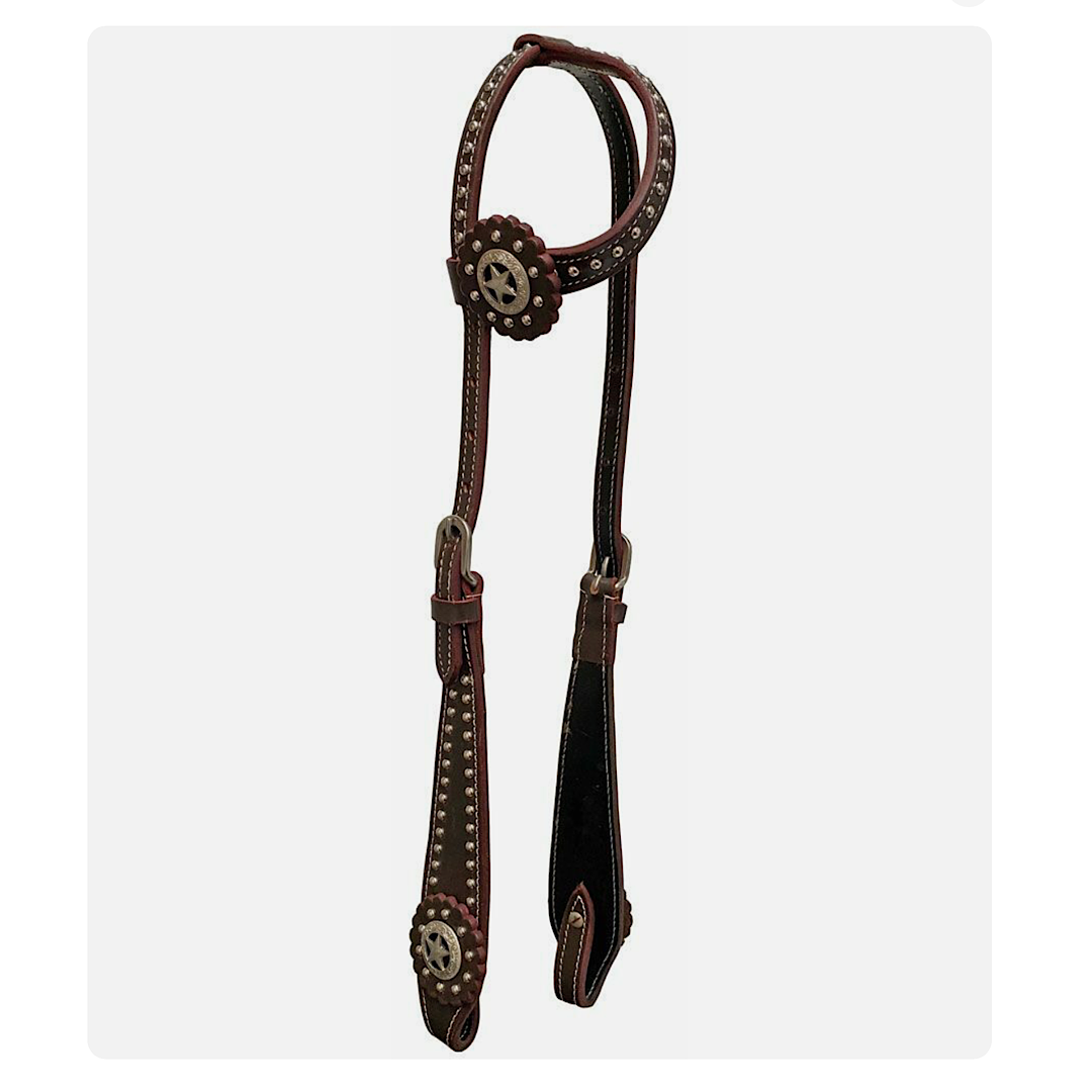 Rugged Ride - One Ear Studded Chocolate Brown Leather Headstall HD1010 DKO