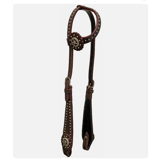 Rugged Ride - One Ear Studded Chocolate Brown Leather Headstall HD1010 DKO