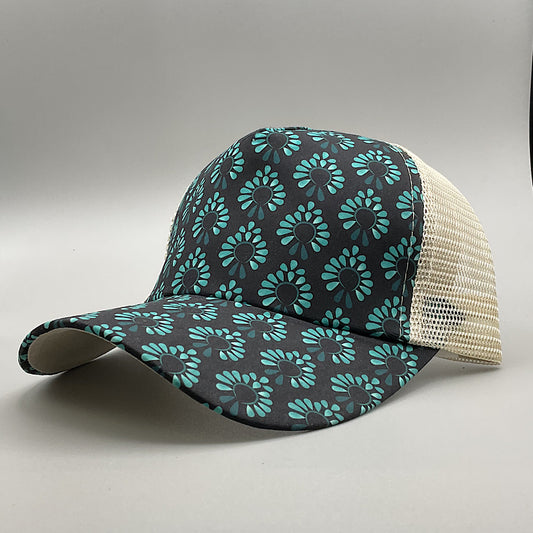 Black Teal Flower Print & Cream High Pony Velcro Back Ladies Ball Cap