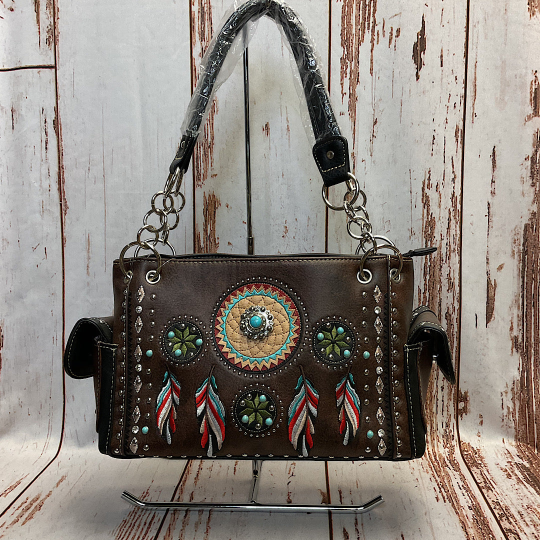 Herstation - Concealed Carry Western Feather & Flower Embroidered Brown Handbag G939W148