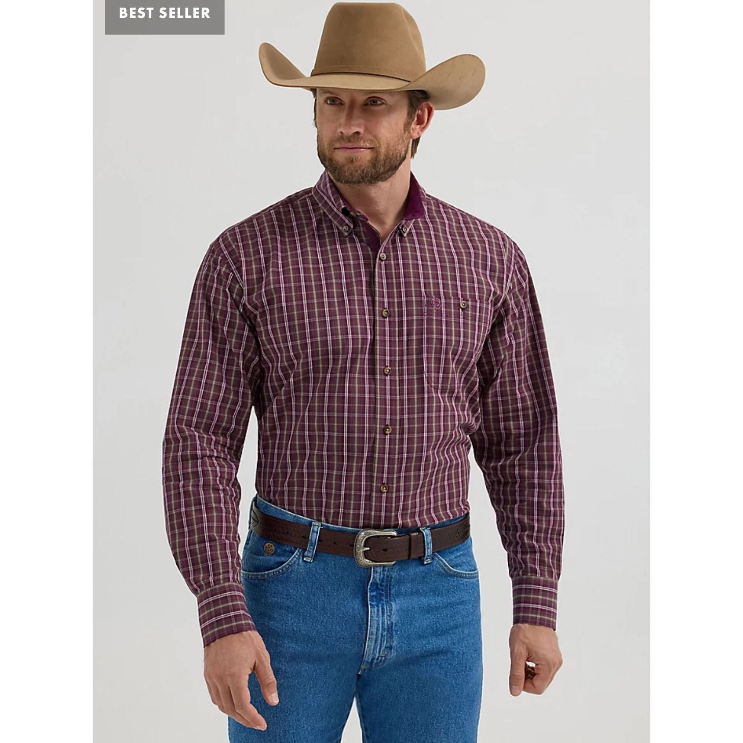 WRANGLER® GEORGE STRAIT™ LONG SLEEVE BUTTON DOWN ONE POCKET SHIRT IN WINE PLAID