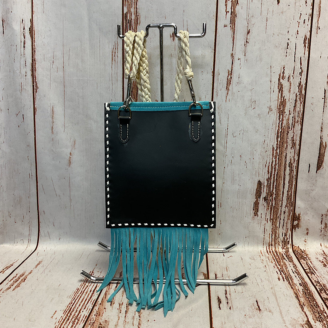 Mouse n' Ruby Original - Turquoise  & Black Leather & Suede with White Buckstitch & Fringe Handbag