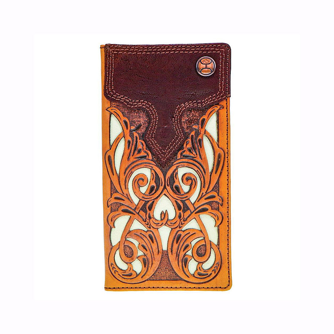 Hooey - Top Notch Brown & Tan Tooled with Ivory Inlay Leather Men’s Checkbook Cover/Rodeo Wallet HW008-TNBR