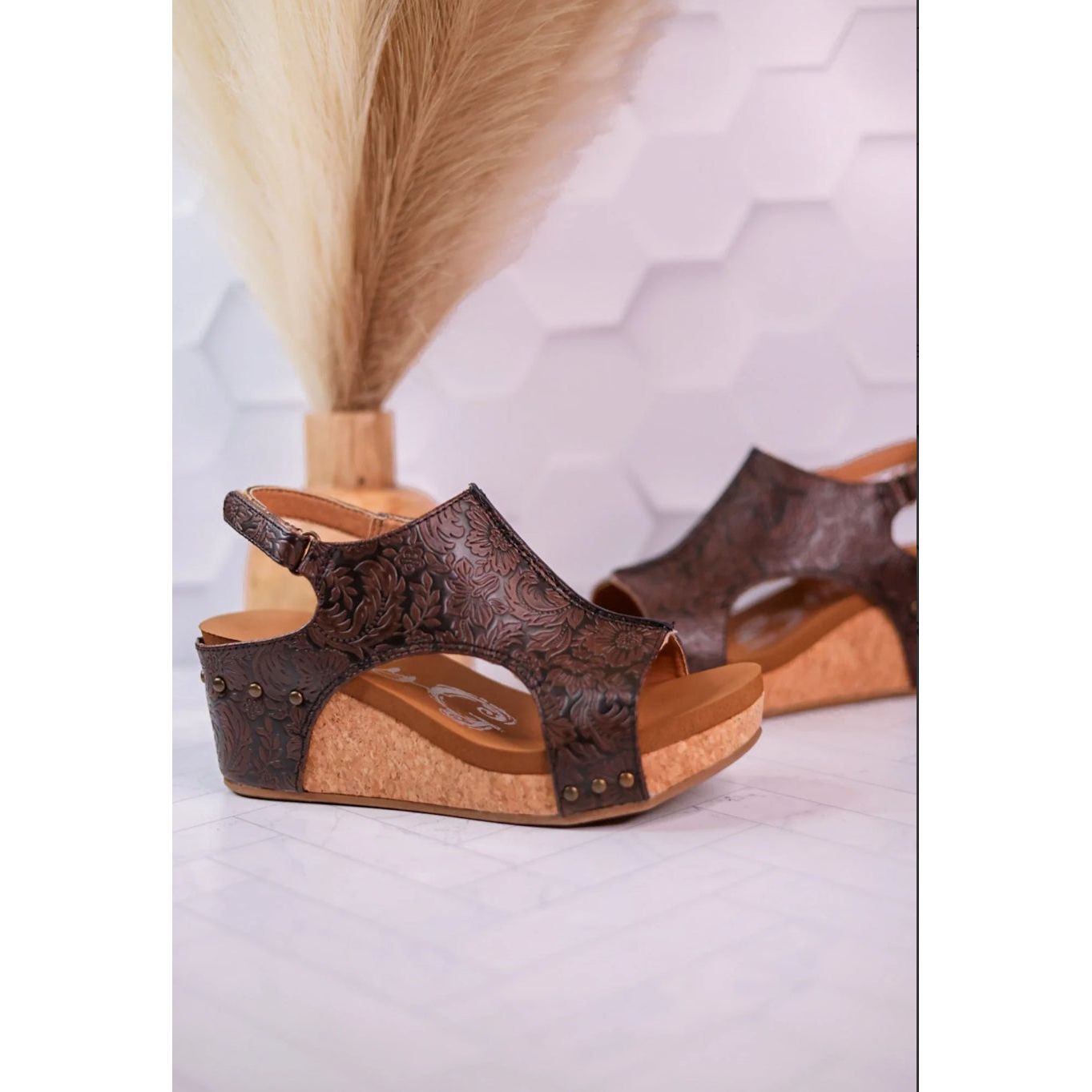 Isabella Tooled Chocolate Wedge Sandal