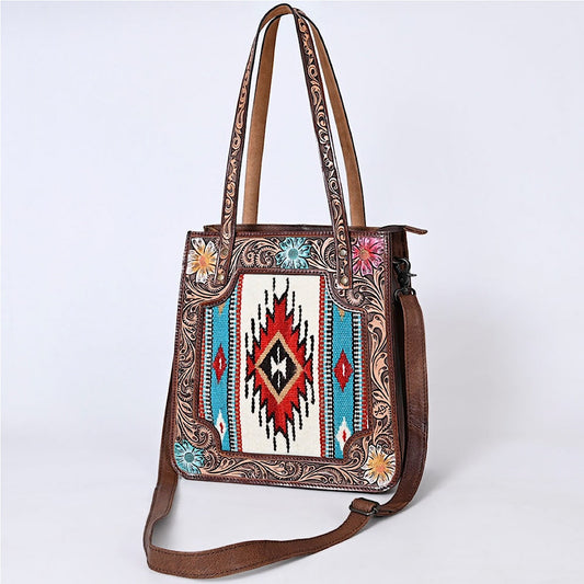 American Darling - Flower Tooled Leather with Wool Aztec Accent Tote Handbag ADBG1149