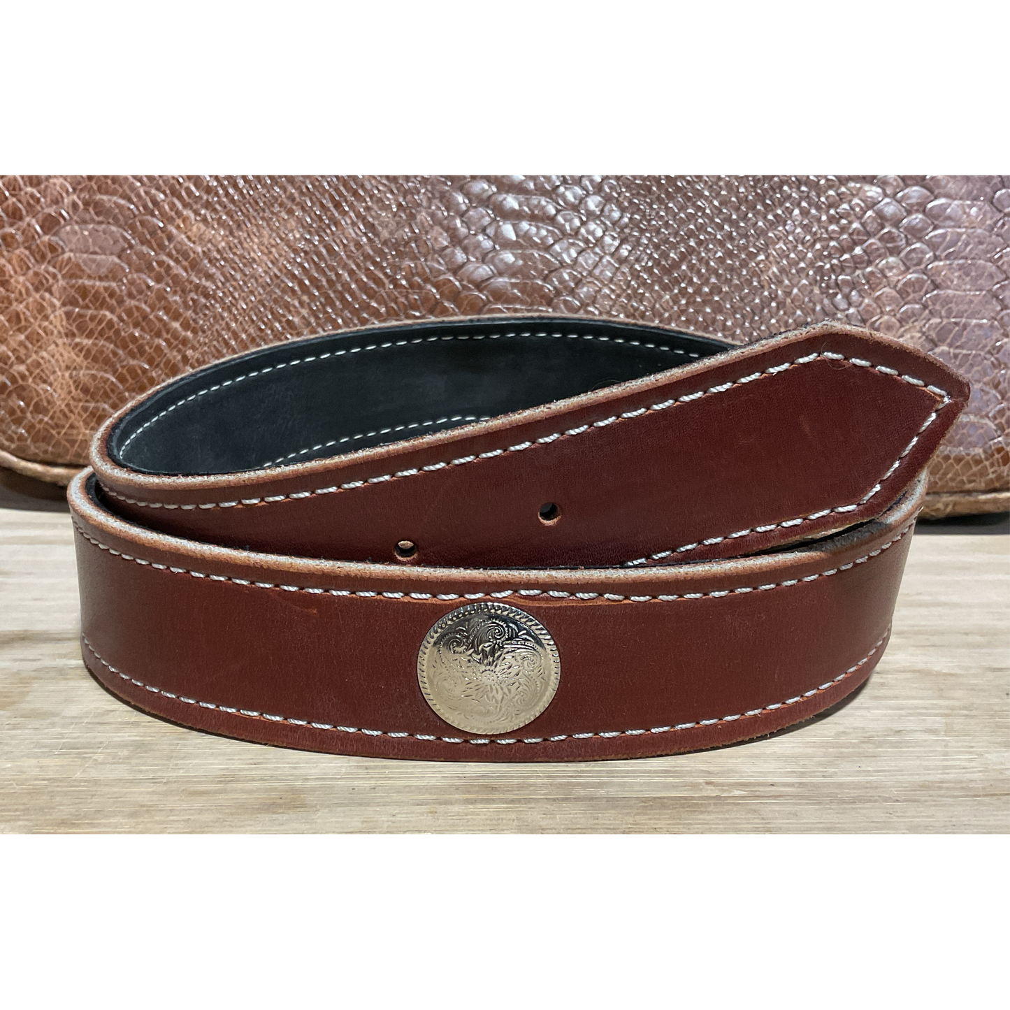 Men’s Belt, Mahogany Brown Leather w/ Etched Concho