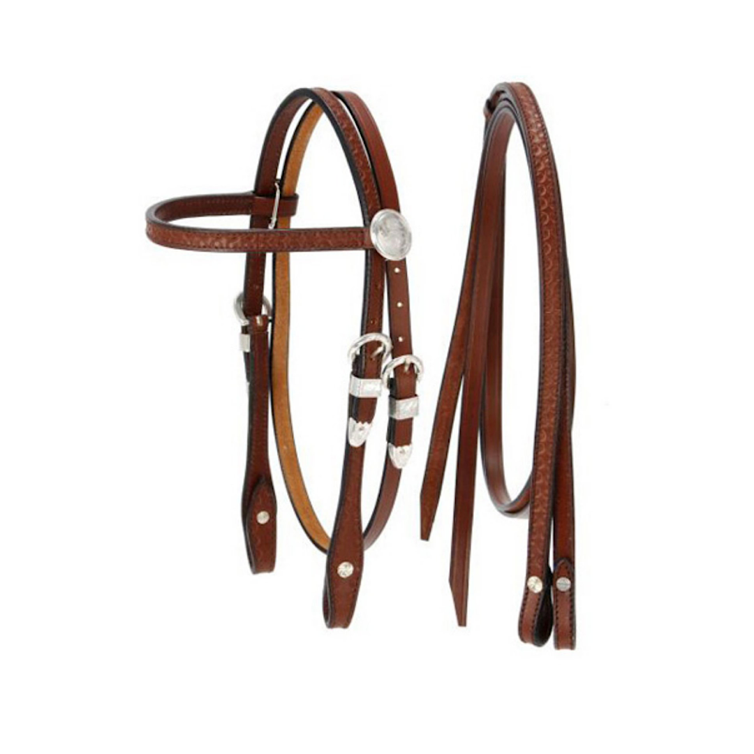 Tough 1 - Chestnut Leather With Silver ConchosMini Horse Browband Headstall With Split Reins Set 42-7670