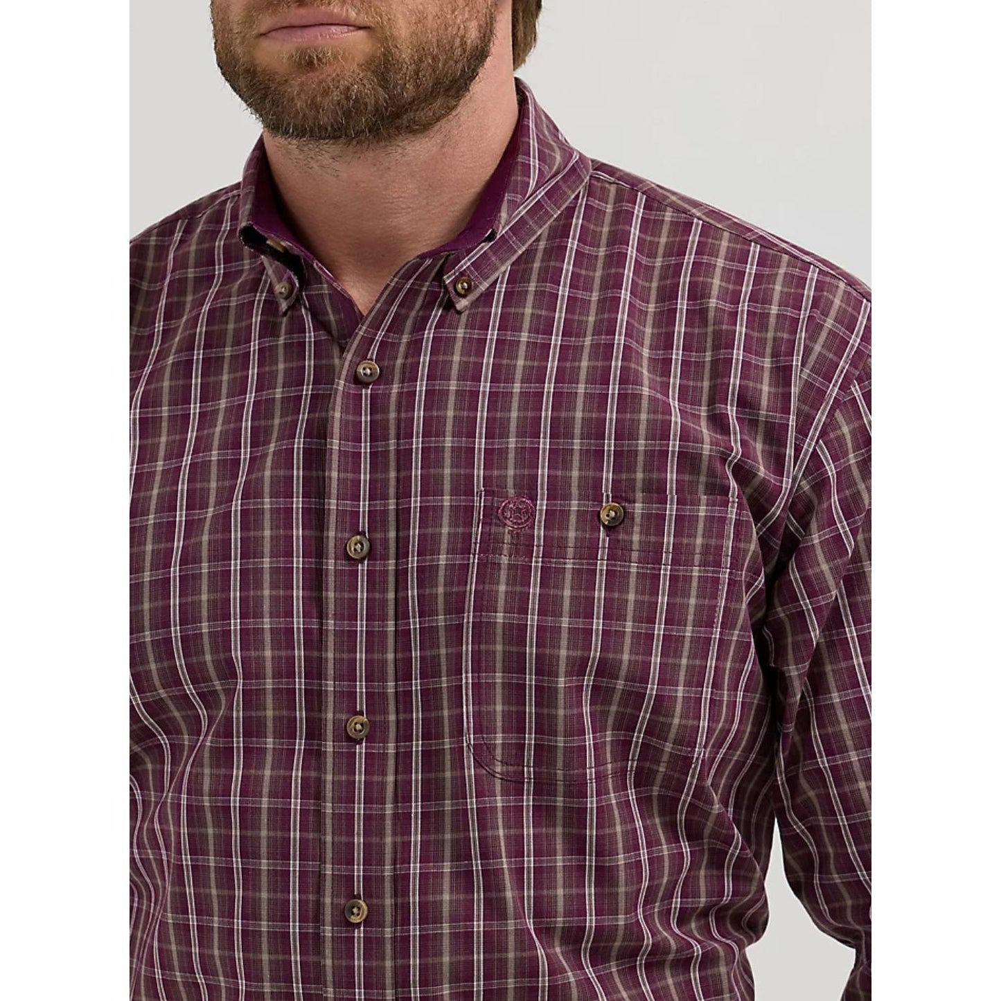 WRANGLER® GEORGE STRAIT™ LONG SLEEVE BUTTON DOWN ONE POCKET SHIRT IN WINE PLAID