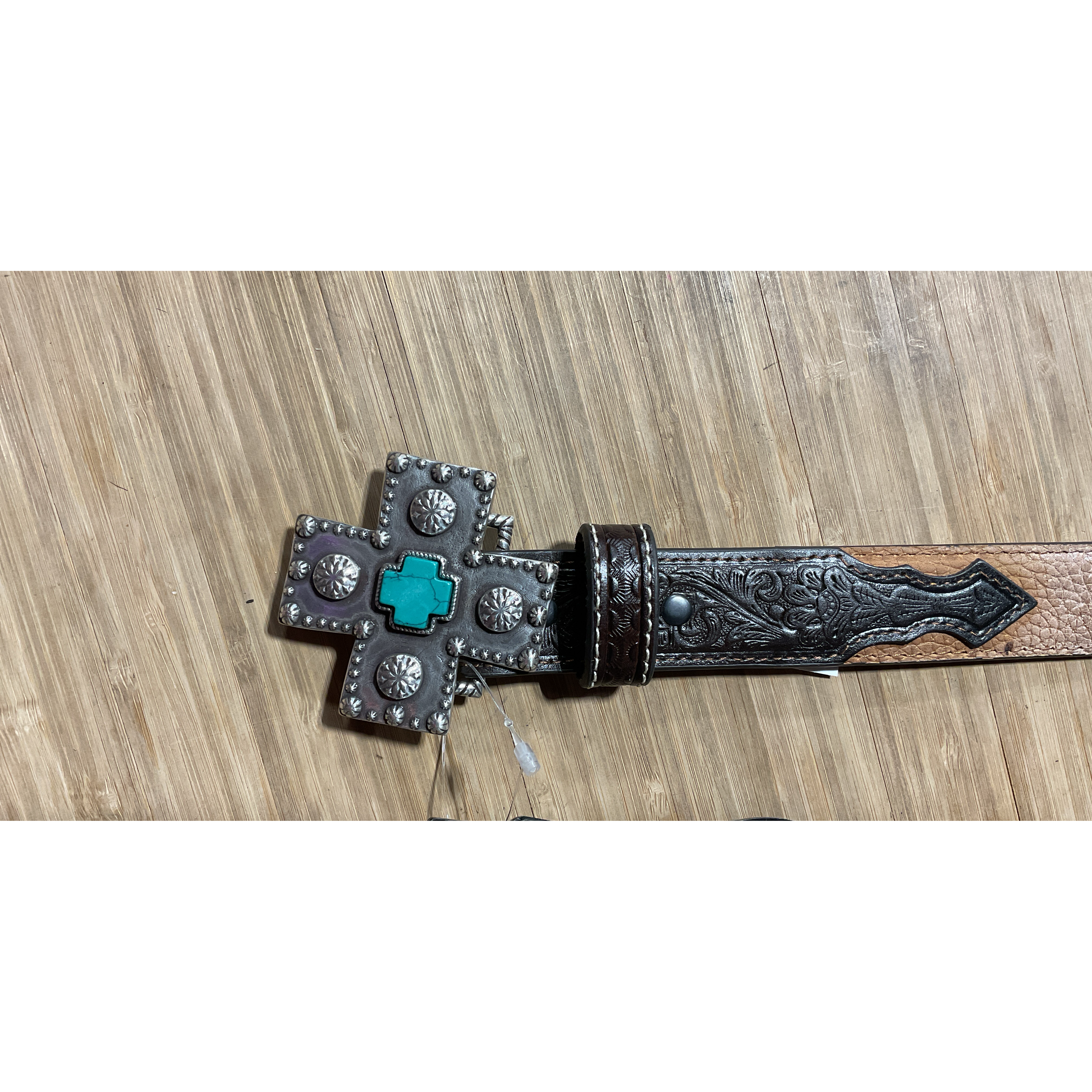 Ariat Kids Belt -Distressed Leather, Tooled Tips, Turquoise Cross Buckle A1301002