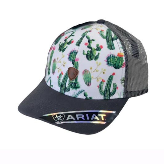 Ariat - Grey & White Cactus Pattern With Ariat Faux Leather Bill Snap Back Ladies Ball Cap A300010605