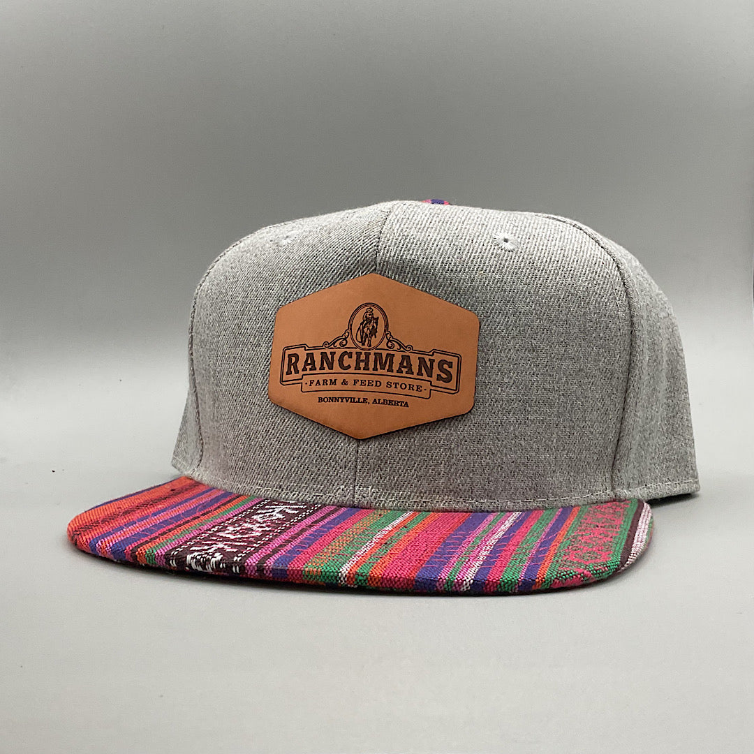 Ranchmans - Grey Denim & Pink Multicoloured Stripes Faux Leather Patch Logo Snap Back Ladies Ball Cap