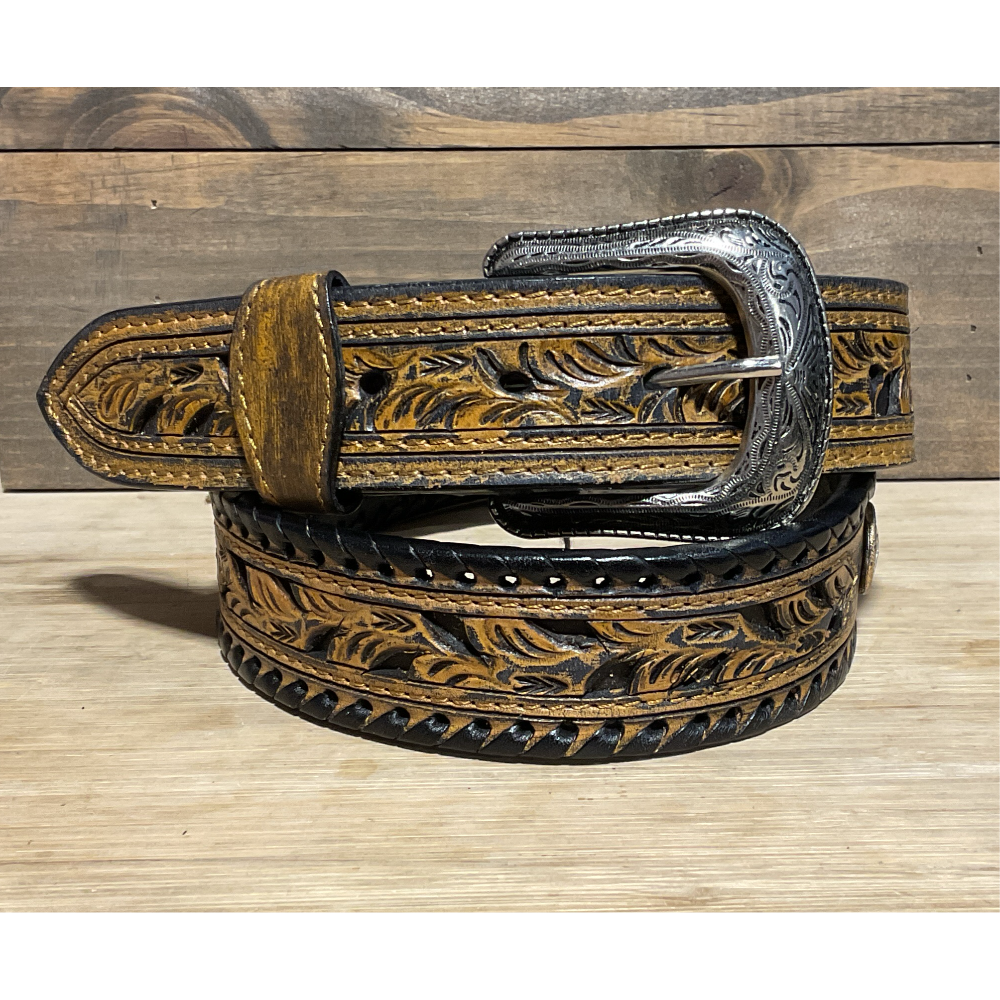 OK Coral Co. Men’s Belt, Antiqued Stained Leather with inlay & Concho & Black Whipstitch - 506