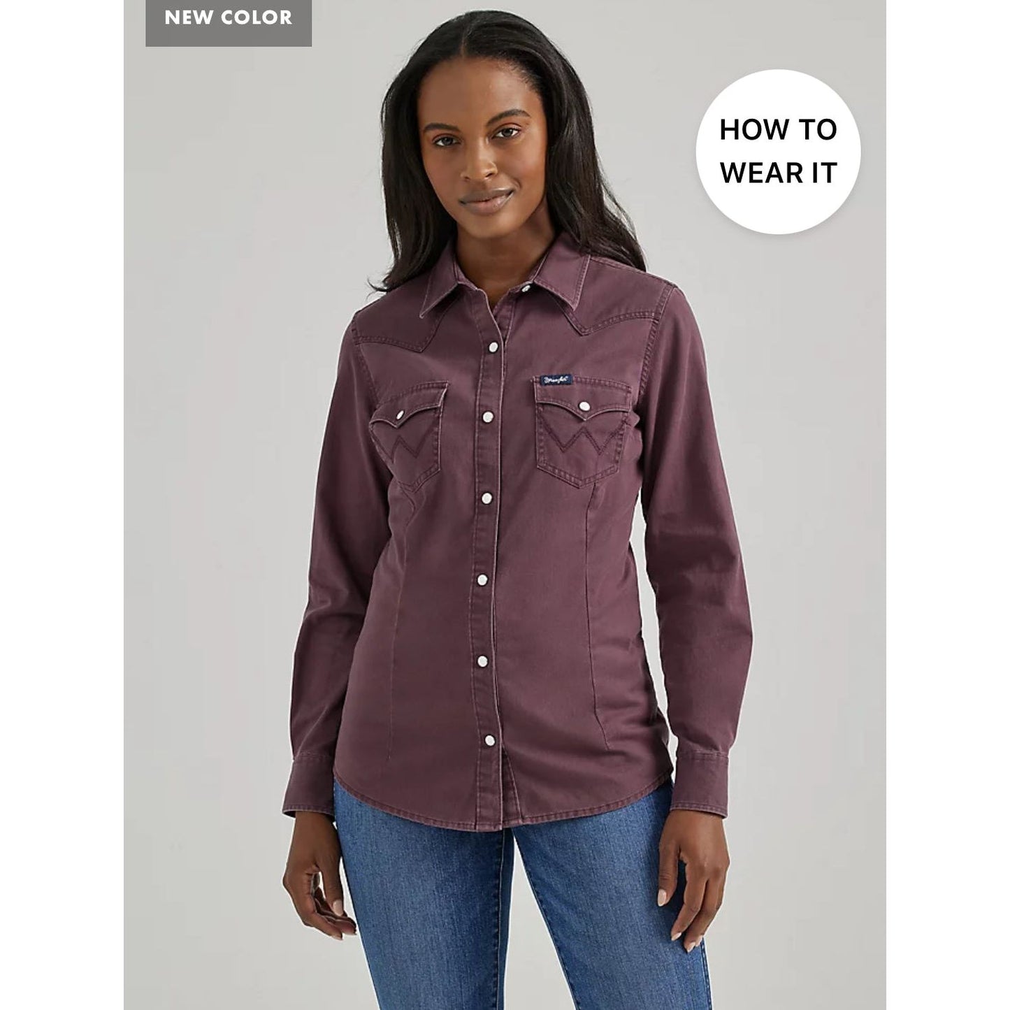 WOMEN'S WRANGLER RETRO® LONG SLEEVE SOLID WESTERN SNAP SHIRT IN FUDGE